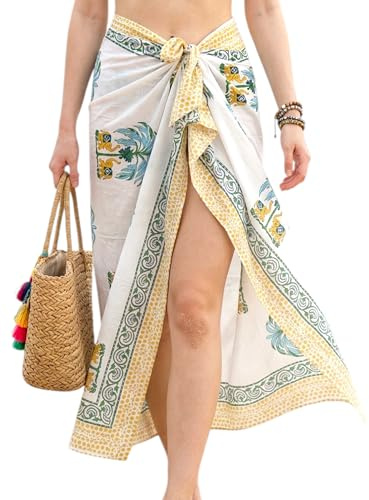 100% Cotton Sarong Wraps For Women Indian Block Print Long Swimsuit Bikini Pareo Bathing Suit Cover Up For Women (73” X 44”) (White Elephant)