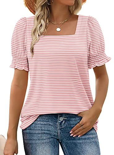WIHOLL Blouses for Women 2026 Cruise Essentials Clothing Dressy Casual Outfits Short Puff Sleeve Tops Square Neck Shirts Business Pink Stripe 2XL