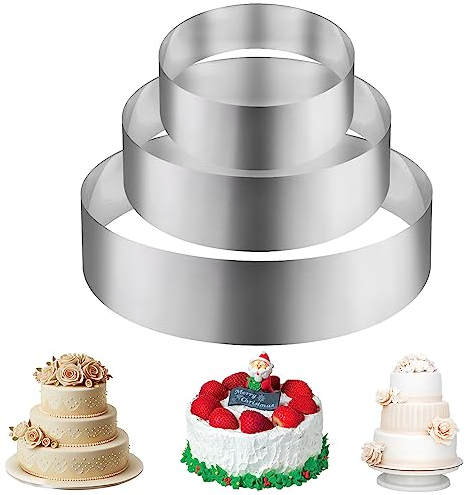 Fizdoqg 3 Stück Tortenring 10/15 /20 cm Tortenring Edelstahl Tortenring Set Backrahmen Backring Kuchenring Rund Feste Tortenring für Zubereitung von Kuchen und Gebäck, Rund