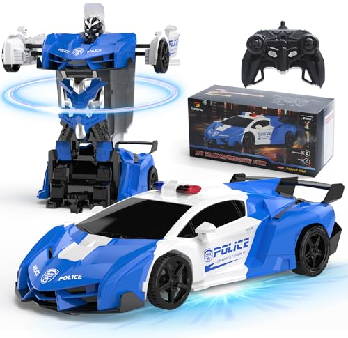 DEERC Ferngesteuertes Auto Transformator Spielzeug für Kinder ab 6 7 8 9 10 Jahre, 2 -in-1 Transform Roboter Spielzeug, EIN-Knopf-Verformung & 360° rotierendes Driften für Kinder Jungen, Blau