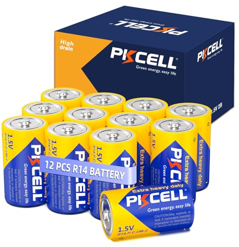 PKCELL C Batteries 12 Pack, R14P 1.5V C Size Batteries, R14P C Cell Battery Carbon Zinc Battery for Flashlights, Remotes, Clocks, Game Controllers, Shavers