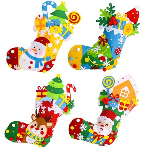 XINNIAN Calcetín Navidad 4pcs Navidad Calcetines Costura artesanal para niños,Kit de Decoración de Medias Navideñas Kits de manualidades Decoraciones navideñas para niñas Niños Niños