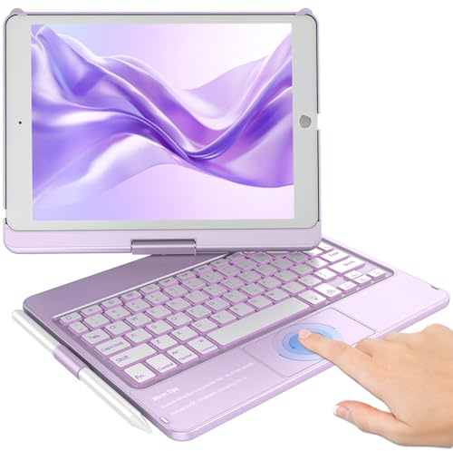 KBCASE Funda con Teclado táctil para iPad de 9ª/8ª/7ª de 10.2 Pulgadas, Teclado retroiluminado, Funda giratoria de 360° con Soporte para lápiz para iPad de 9ª/8ª/7ª generación (Morado Claro)