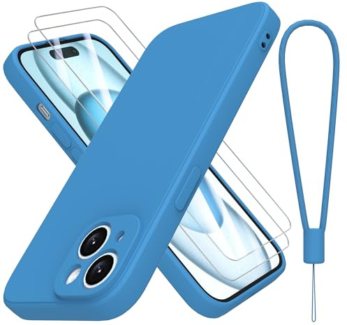 THIYUFUNS Cover per iPhone 15 (6.1) con 2 Pezzi HD Vetro Temperato Pellicola Protettiva,Liquid Silicone TPU Custodia 360 Antiurto AntiGraffio Gradi Protezione Progettata - Blu