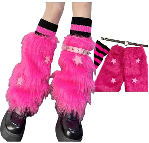 CHERSE Furry Leg Warmers for Women 3in1 Kawaii Star Bone Plush Faux Fur Y2K Pink Lolita Leg Socks 80s Outfit Harajuku Punk Knee High Preppy Gothic (Rose Star Stripe 3in1)