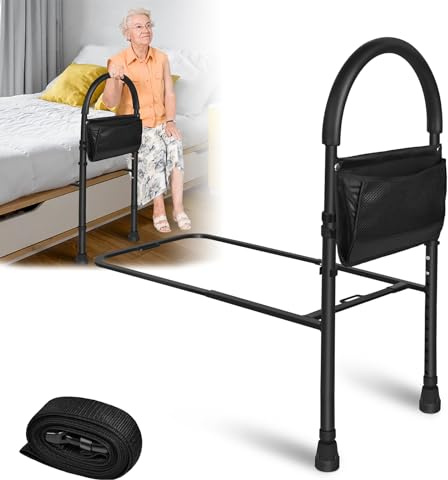 YARDIN Barrera de cama para adultos mayores, barandilla de cama segura altura ajustable, protección lateral plegable, barrera de cama con bolsillo de almacenamiento y patas de apoyo, rieles de cama de