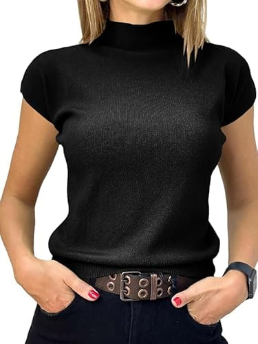 Saodimallsu Women's Pullover Short Sleeve Summer Knitted Jumper with Stand-Up Collar Plain Slim Fit T-Shirt Tops Lightweight Basic Knitted Shirts, black, XL