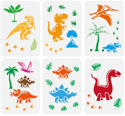 FINGERINSPIRE 6 Stück Malschablonen Für Dinosaurier Aus Der Jurazeit 21x29.7 cm Ausgehöhlte Zeichenvorlagen Für Dinosauriervulkane Schablonen Für Blätter Kokospalmen Pfotenabdrücke Tiermotive