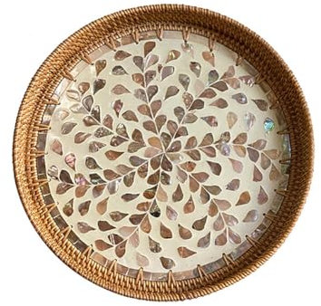 Grands Plateaux Ronds en Rotin, Plateau de Service Rond en Rotin Tissé avec Incrustation de Nacre Plateau de Rangement Décoratif pour Table, Cuisine, Maquillage, Bijoux, Bougies, Ornements