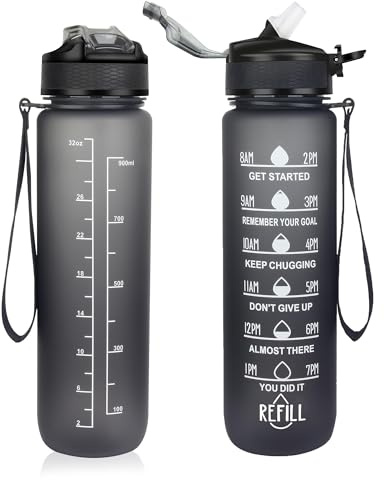 Lepat 1L Sport Water Bottle with Straw, Leakproof Design Plastic Drinks Bottle, Sports Water Bottles with Time Markings, BPA Free Sports Drinks Bottle for Fitness, School, Gym, Outdoor Sports (Black)