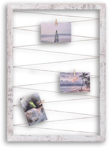 CLAMARO Fotohalter mit Fotoleine, Vintage Weiß, 60 x 80 cm, vollummantelt | MDF-Rahmen 30 mm breit, Juteband gespannt, Massivholz-Clips, Metallaufhänger, für Fotocollage, Postkarten