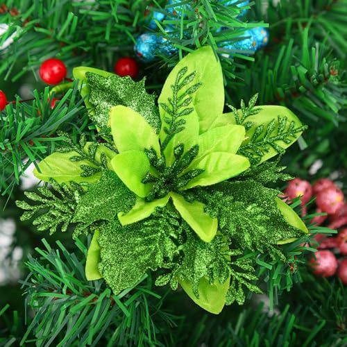 Anevous 30 Stück Simulierte Weihnachten Blumen, Glitzer Künstliche Weihnachtsstern, Deko Blumen Weihnachten Weihnachtsblumen Deko für Weihnachtsbaum, Hochzeit, Ornamente,Grün