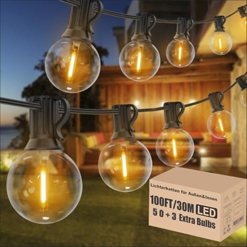 Achin LED Lichterkette Außen 30M, Outdoor Lichterkette mit 50+3 G40 E12 Birnen IP44 Wasserdich Lichterkette für Außen Garten Terrassen Balkon Hochzeit, Warmweiß 2700K