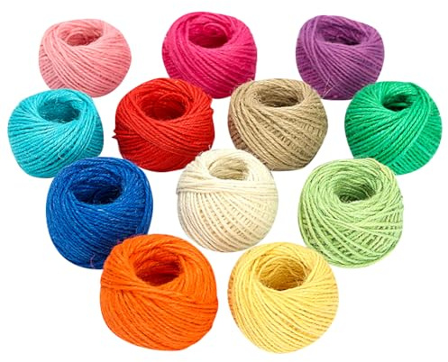FSSTUD 12 Rollen, 2 mm x 25 m, 3-lagig, farbige Jutekordel, buntes Bindfaden, Geschenkverpackung, Jute-Schnur, dünne Bastelschnur, Hanfschnur, dekorative Schnur für Bilder, Pflanzenaufhänger