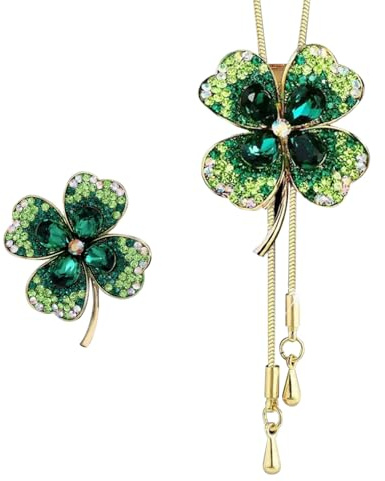 PLLDVEFD 1 Piece Four-Leaf Clover Brooch & Necklace Set, Green, Diamond-Studded, Ele & Simple, Shiny, Jewelry