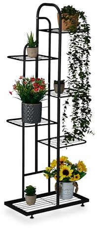 Relaxdays Blumenregal, 6 Ablagen für bis zu 7 Blumen- & Pflanzentöpfe, Metall, Pflanzentreppe, 109,5x44x22 cm, schwarz