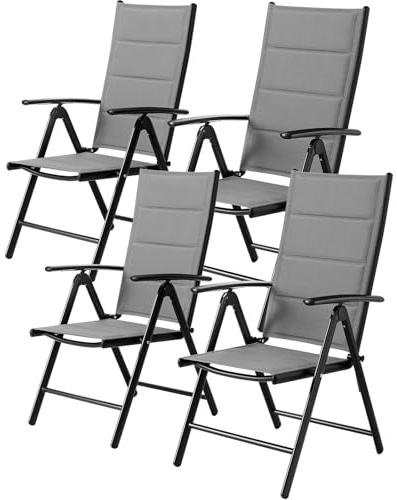 LIFERUN 4 set trädgårdsstolar, hopfällbar med högt ryggstöd, aluminium balkongstol, upp till 120 kg, med quiltat ryggstöd och sits, 7-vägs justerbar, utomhus matrumsstol, armstöd, fällstol, grå
