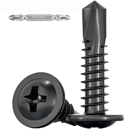 FandWay 100 Pièces Vis Autoforeuse Metal Noir,M4,2x25mm Vis à Tôle Autotaraudese et Autoperceuse Autoperforante Inox 410 Cruciforme Tête Ronde Large Bombé avec 1 Bits pour Aluminium Bois Plastique.