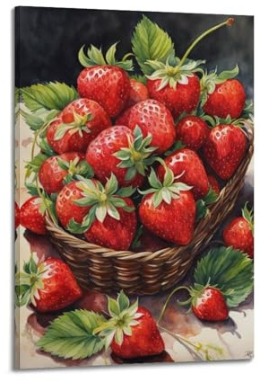 ZOGJIN Watercolor Style Strawberries in Basket Fruit Poster Modern Wall Art Canvas Aesthetic Decoration Painting 24x36inch(60x90cm) Frame-style