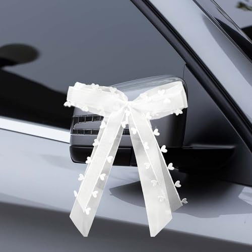 10 Stück Autoschleifen Hochzeit Autoschmuck Hochzeitsschleifen fürs Auto Weiß Organza mit Herzen Antennenschleifen 16×26cm Schleifen Auto Hochzeit Schleifenband für Hochzeitsdeko Brautstrauß Geschenk