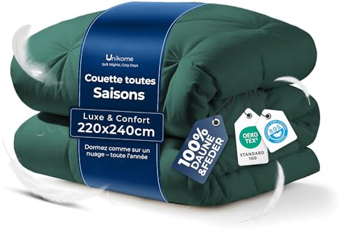 UNIKOME 220x240cm Piumino Con Fodera In Cotone 100% Per Tutte Le Stagioni Con Imbottitura In Piuma E Piumino, Struttura Morbida E Traspirante, Lavabile, Certificato Oeko-Tex Rds Verde
