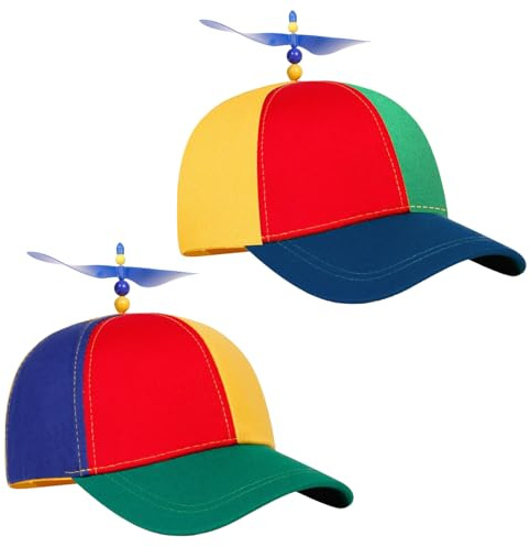 EDLMKM 2Pcs Propeller Hat for Adults, Funny Helicopter Fisherman Cap, Funny Hats, Helicopter Hat, Novelty, Adjustable, Colorful Patchwork Rainbow Design, for Fancy Dress Party Gifts