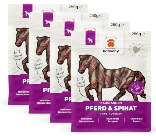 Balloony.pet Monosnack Kaustangen Pferd & Spinat– Natürliche hundeleckerli Pferd für jeden Hund – Luftgetrocknete leckerlies für Hunde (4x150g)