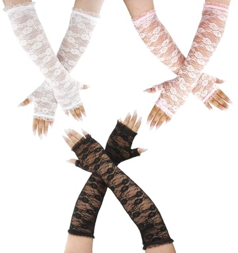 JDGFH Spitzenhandschuhe für Damen, lange fingerlose UV-Schutz Handschuhe,1920er Tanz Handschuhe für Halloween, Hochzeit, Abschlussball, Oper, Teepart (Weiß,Pink,Schwarz)
