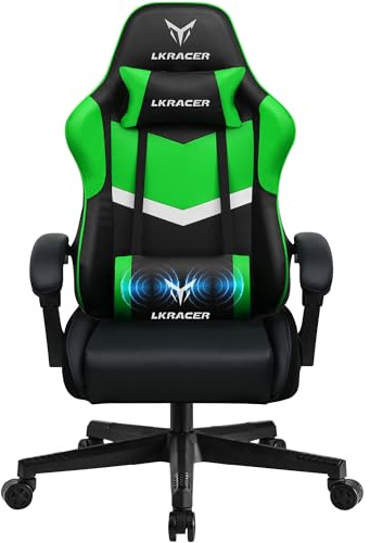 GTPLAYER Gamingstol kontorsstol massage gamingfåtölj ergonomisk gamingstol, nackstöd massage ländryggskudde, vadderad spelstol, snurrstol