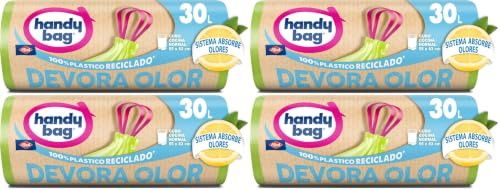 Handy Bag Bolsas de basura Devora Olor - Bolsas para cubo de basura de cocina, con sistema de absorción de olores y aroma a limón, antigoteo y con triple capa, 100% plástico reciclado, 30L, 12 bolsas