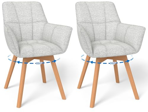 WAFTING 2er Set 360° Drehbare Esszimmerstühle mit Holzbeinen | Moderner Armlehne Polsterstuhl mit Stoffrückenlehne für Esszimmer Wohnzimmer Küche Schlafzimmer Hellgrau