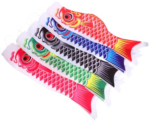 DOITOOL Bandiere Giapponesi a Forma di Pesce Koi, Set da 5 Maniche a Vento Koi per Decorazioni da Giardino ed Esterni, 55 Cm, Tessuto Satinato Lucido, Colori Casuali per Colore Casuale