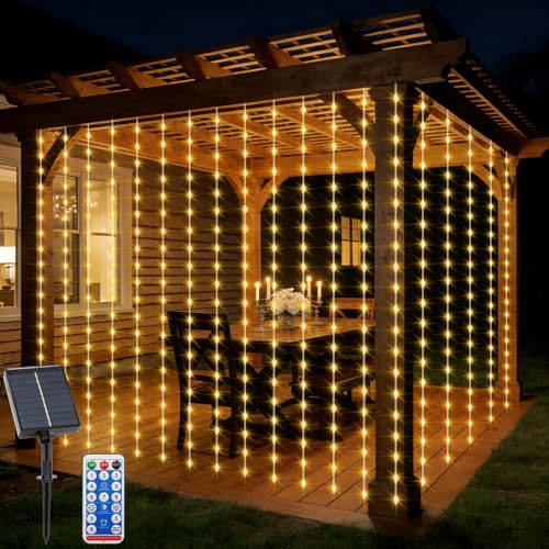CCILAND Solar-Lichtervorhang für den Außenbereich, 2 x 2 m, 200 LEDs, 8 Modi, wasserdicht, für Garten, Terrasse, Pavillon, Warmweiß