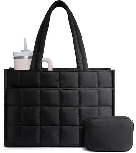 LOVEVOOK Laptop Tote Bags for Women, 15.6 Inch Puffer Handbags with a Built-in Large Water Bottle Pocket, Quilted Shoulder Bag for Work Teacher College School Business Gym