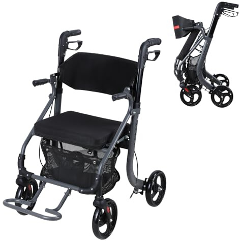 Déambulateur déambulateur avec siège et freins, déambulateur pliable avec sac, hauteur réglable et léger, roues tout terrain de 20,3 cm pour intérieur et extérieur (noir)