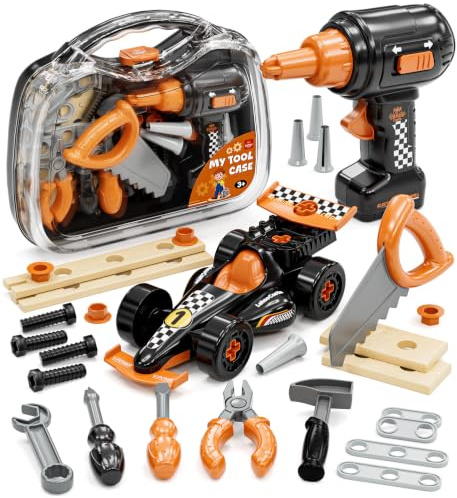 Lehoo Castle Cassetta Attrezzi Bambini con Trapano Giocattolo ＆ Auto da Corsa Giocattolo per Bambini, Regalo di Ruolo Montessori da 3 4 5 6 Anni Ragazzi Ragazze