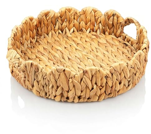 BAODBF Tablett Rund 40 cm Groß aus Wasserhyazinthe Geflochtener Korb mit Griffen Deko Tablett für Couchtisch und Küche Handgefertigtes Naturtablett mit Wellenrand für Obst Frühstück und Dekoration