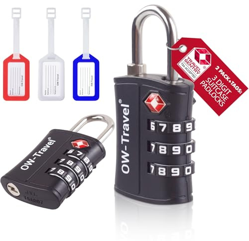 OW-Travel TSA Lås Bagagelås (Svart 2-pack och 3 bagagebrickor) ABS-plast 3-siffrig Kod TSA Lock Luggage Lock Ryggsäck Hänglås, Resväska Lås, Kombinationslås, Gymskåp, Hänglås resväska