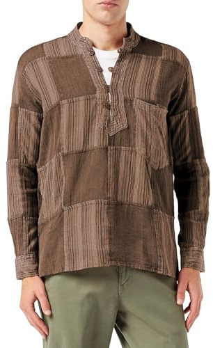 SHOPOHOLIC FASHION Män stentvättad slät rand lapp hippie skjorta, Rödbrun, XL