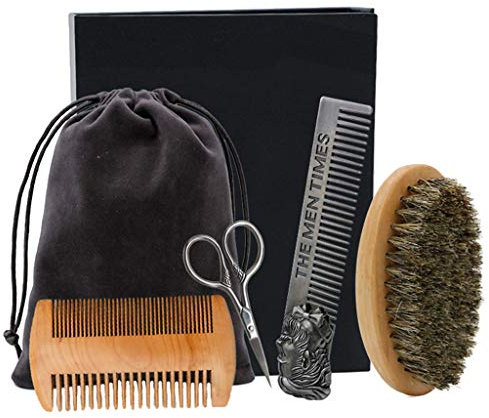 Tubayia 4 Stück Männer Bartpflege Set - Bartbürste Bartkamm Holzkamm Bartschere Kit