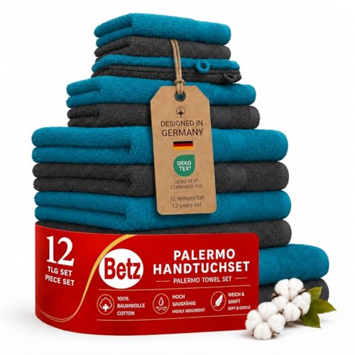Betz 12-TLG. Handtuch-Set Palermo 100% Baumwolle 2 Liegetücher 4 Handtücher 2 Gästetücher 2 Seiftücher 2 Waschhandschuhe Farbe Petrol und anthrazit