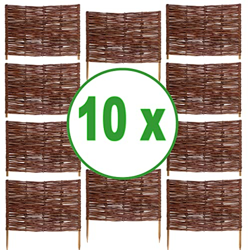 BOGATECO Lot de 10 bordures/clôtures de parterre, décoratives, en saule/bois/osier, à emboîter, pour la pelouse, le jardin comme délimitation de chemin, 60 x 40 cm (L x h)