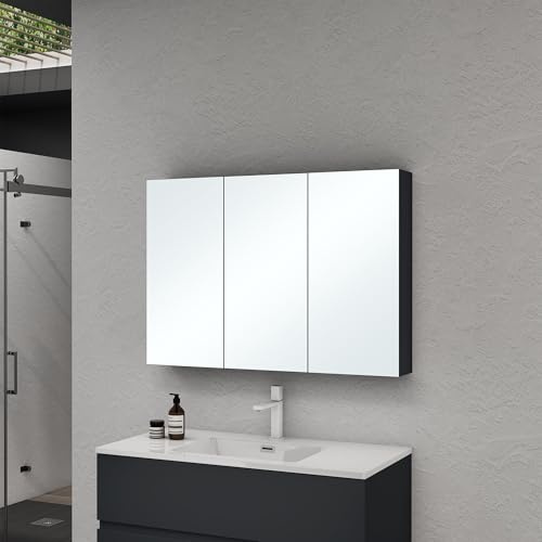 doporro Spiegelschrank Wandschrank Spiegel matt Anthrazit 100x70cm 3 Türen | Modernes Design Hängeschrank Aufbewahrungsschrank für Badezimmer mit verstellbarem Regalbrett Spiegelschrank 02