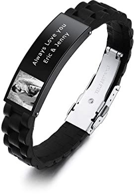 INBLUE Einstellbar Edelstahl Silikon Personalisiertes Armband Customized Carving Foto & Text Armband Schmuck Geschenke für Männer Boyfriend Ehemann Bruder Vater