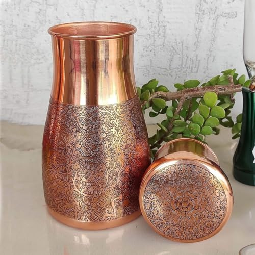 Hygge Pure Copper Bedside Carafes, Copper Jug- Pure Copper Water Pitcher for Gifting, Home, Sports & Yoga Flask with Tumbler - Ayurveda Health Benefits - Capacity 1 Liter (34 Oz) Embossed