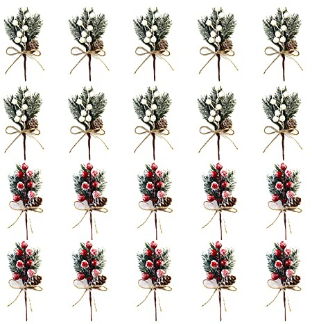 SUREH 20 Stück Künstliche Rote Beerenzweige, 15 cm, Weihnachtsspieße, Spray, Rote und Weiße Beerenstiele, Künstliche Tannenzapfen, Stechpalmenstiel, Blumenspieße für