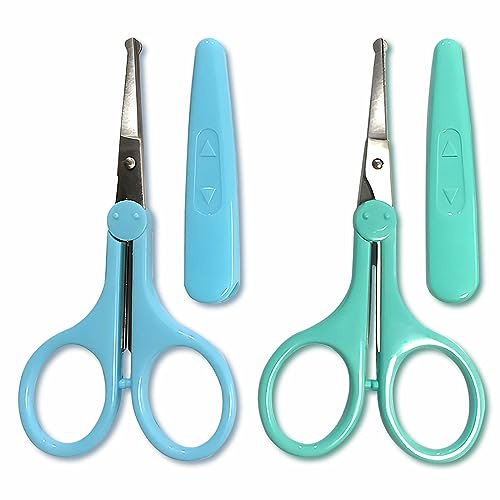 2-Pack Eyebrow Scissors, Precision Small Scissors for Facial, Nose, Eyebrow, Mustache, and Beard Hair Trimming & Grooming, Safety Edge, Long Cap (Blue and Green).