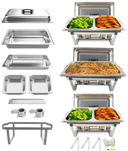 Festa Essential 3 Pack 8QT Rectangular Chafing Dish Buffet Set Stainless Steel Catering Chafers Food Warmer with Full,Half Food Pan,Fuel Holder,Foldable Frame For Weddings/Parties/Banquets Events