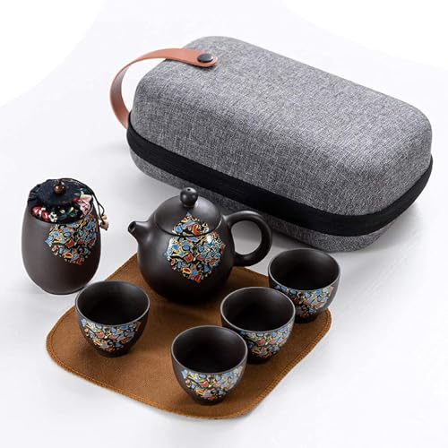 LeGDOr Set da tè da Viaggio in Ceramica Cinese Giapponese Kungfu teiera teiera in Argilla Viola teiera in Porcellana, Tazze da tè, Contenitore da tè con Borsa da Viaggio Portatile Set da tè
