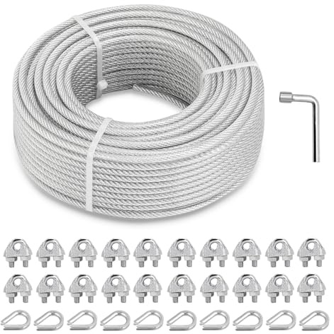 hannger 30 m Stahlseil Ummantelt 5 mm mit 7 × 7 Litzenkern - 730 kg WLL | Vielseitig PVC-Drahtseil mit Ösen für Sonnensegel, Wäscheleine, Kletterpflanzen, Gardinenaufhängung, Lichterkette Aufhängen
